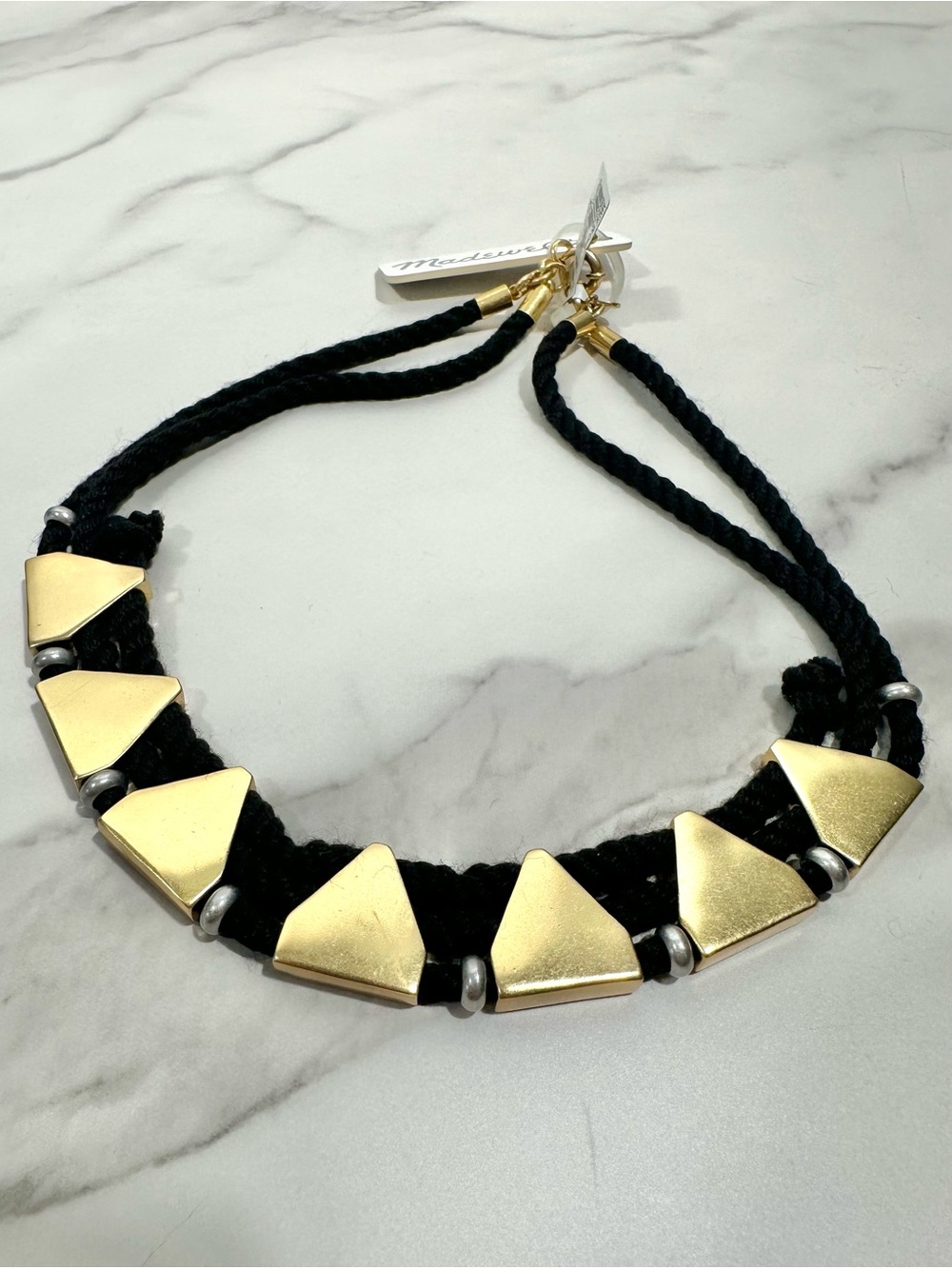 Madewell Black Braided Roped Statement Necklace Gold Triangle Accents NWT OS